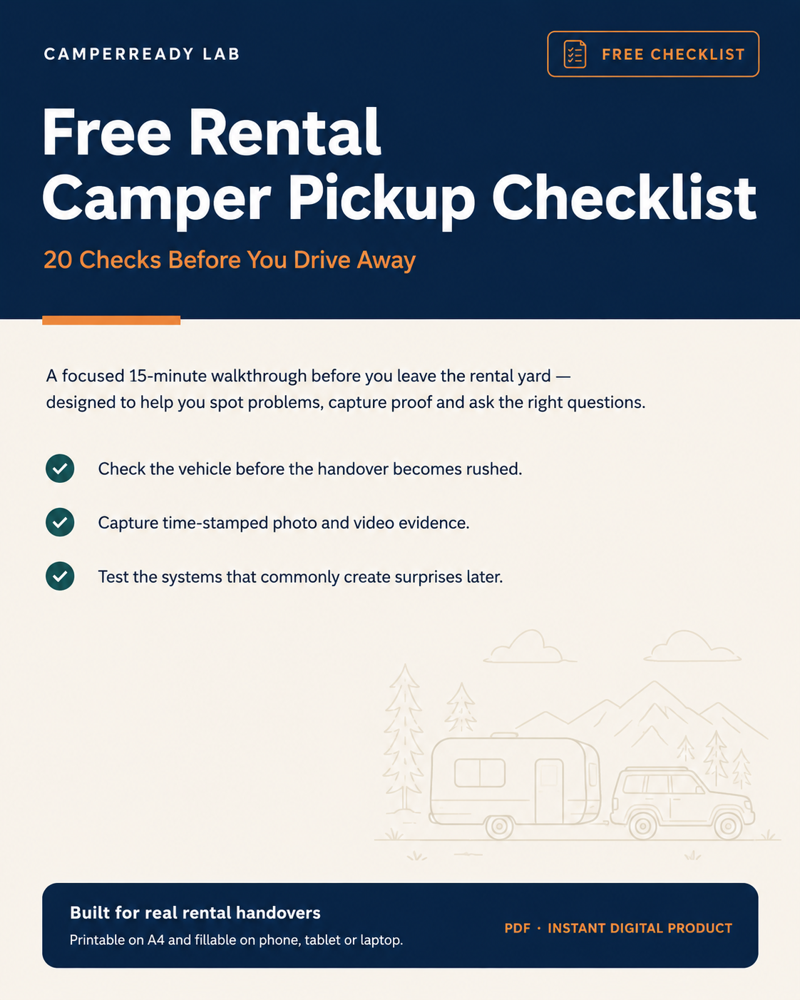 CamperReady Lab Free Rental Camper Pickup Checklist cover