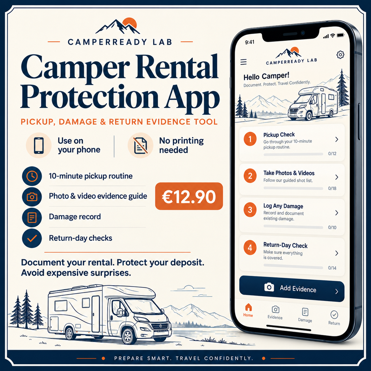 CamperReady Rental Protection App hero with mobile pickup, damage and return evidence tool