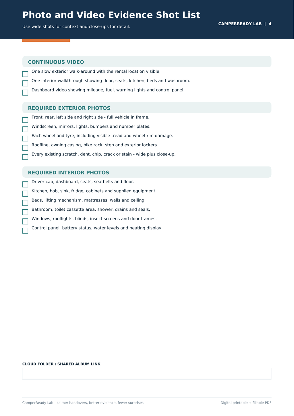 Rental camper photo and video evidence shot list preview