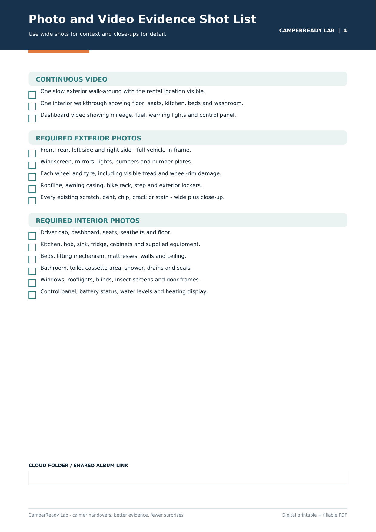 Rental camper photo and video evidence shot list preview