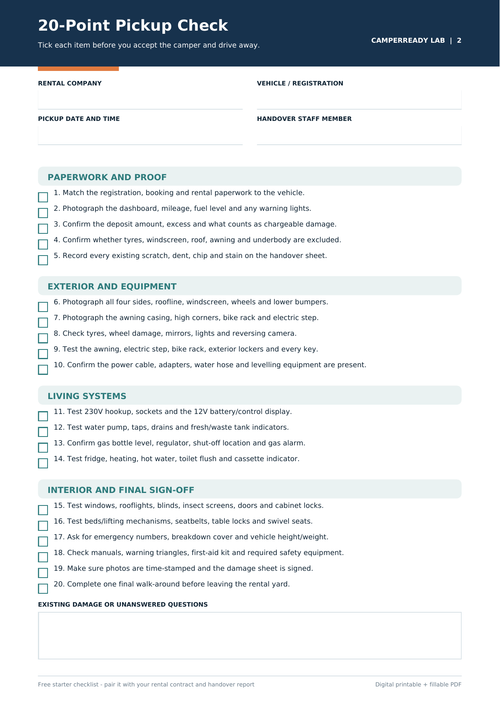 Free 20-point rental camper pickup checklist preview